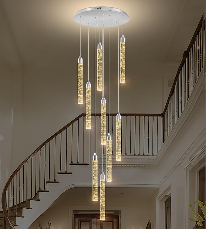 Crystal Staircase Chandelier, Modern Chrome Spiral Dimmable LED Cluster Raindrop Foyer Chandelier Lighting, Bubble Living Room Hanging Light Fixture 9 Light Remote Control