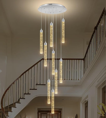 Crystal Staircase Chandelier, Modern Chrome Spiral Dimmable LED Cluster Raindrop Foyer Chandelier Lighting, Bubble Living Room Hanging Light Fixture 9 Light Remote Control