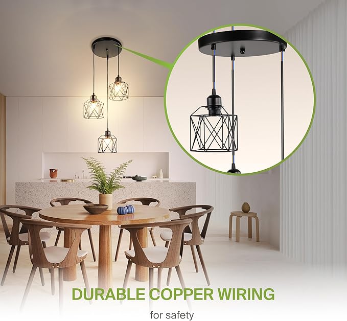 ASD Black Pendant Light Fixture - 3xE26 120V ETL Modern Pendant Lights Kitchen Island, Industrial Hallway, Living Room, Kitchen Island Lighting, Hanging Dining Room Light Fixtures Over Table