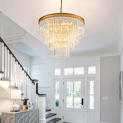 Gold Crystal Chandelier 22.9" 10-Lights Modern Crystal Pendant Lights 4-Tier Luxury K9 Hanging Dining Room Lighting Fixture for Living Room Bedroom Kitchen Island Entryway Stairway Office