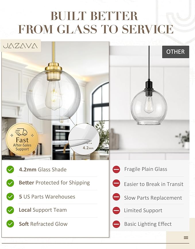 8 inch Modern Gold Pendant Light Fixtures, Mid Century Globe Pendant Lights with Clear Glass, 1 Light Hanging Lights for Kitchen Island, Bathroom, Dining Room (1 Pack), PL101BG-L