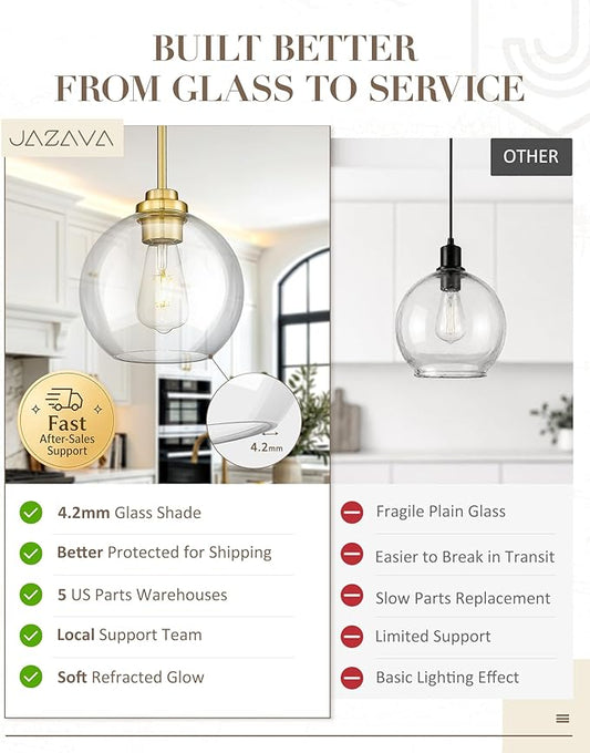 8 inch Modern Gold Pendant Light Fixtures, Mid Century Globe Pendant Lights with Clear Glass, 1 Light Hanging Lights for Kitchen Island, Bathroom, Dining Room (1 Pack), PL101BG-L