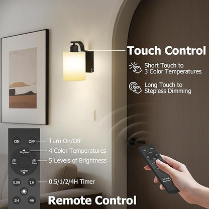iThird 1 Pack Battery Operated Wall Sconces Lights: 6000mAh Rechargeable Wall Lights with Remote Control, Dimmable LED Wall Lamp Indoor, Black Wireless Scone Lighting for Bedroom Living Room Bathroom
