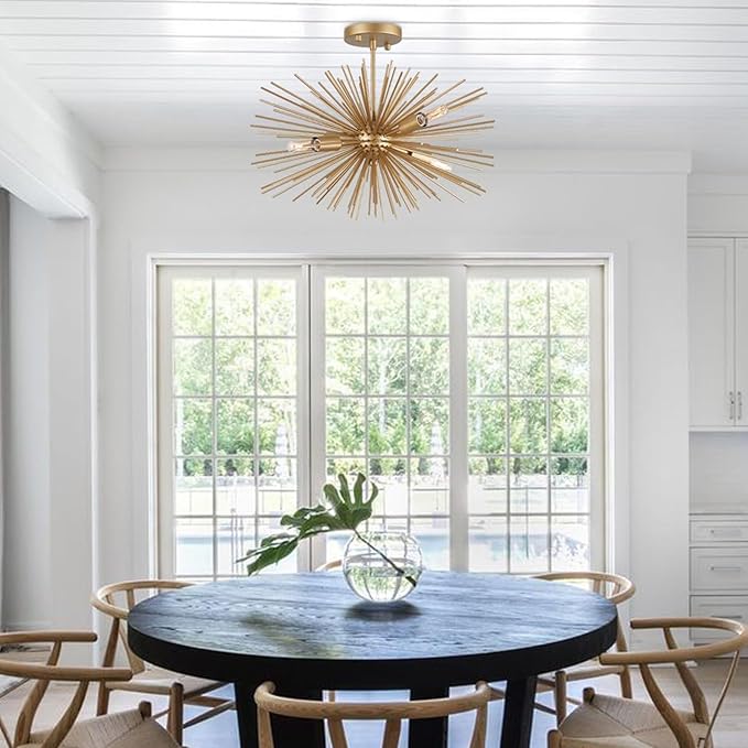 Modern Sputnik Chandelier Ceiling Light Fixture,4-Light Gold Semi Flush Mount Ceiling Light,20in Solid Metal Starburst Satellite Urchin Chandelier for Entry Dining Room Bedroom Kitchen Foyer