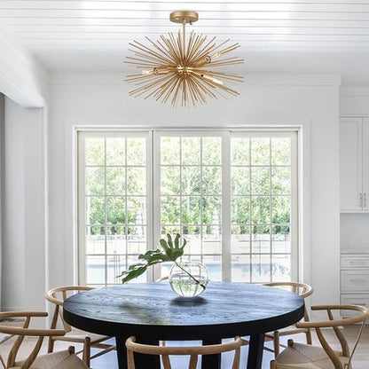 Modern Sputnik Chandelier Ceiling Light Fixture,4-Light Gold Semi Flush Mount Ceiling Light,20in Solid Metal Starburst Satellite Urchin Chandelier for Entry Dining Room Bedroom Kitchen Foyer