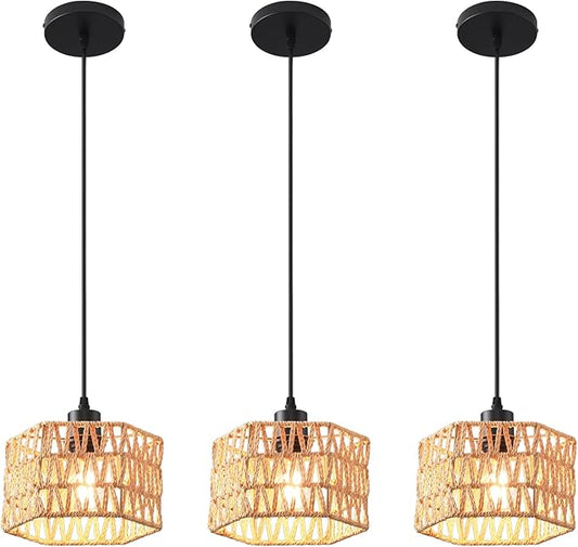 Woven Pendant Light Boho Chandelier, Rattan Pendant Lights Kitchen Island, Farmhouse Pendant Lighting with Hand Woven Wicker Shade, Boho Chandelier Light Fixtures Ceiling Hanging Light