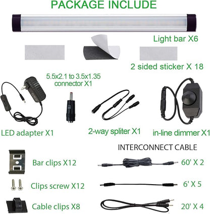 AIBOO LED Under Counter Light Rigid Bar Kit, Plug in Corded 12V LED Under Cabinet Lighting Dimmable with Switch for Counter Shelf Showcase Display Lighting (6 Panels,Daylight White)