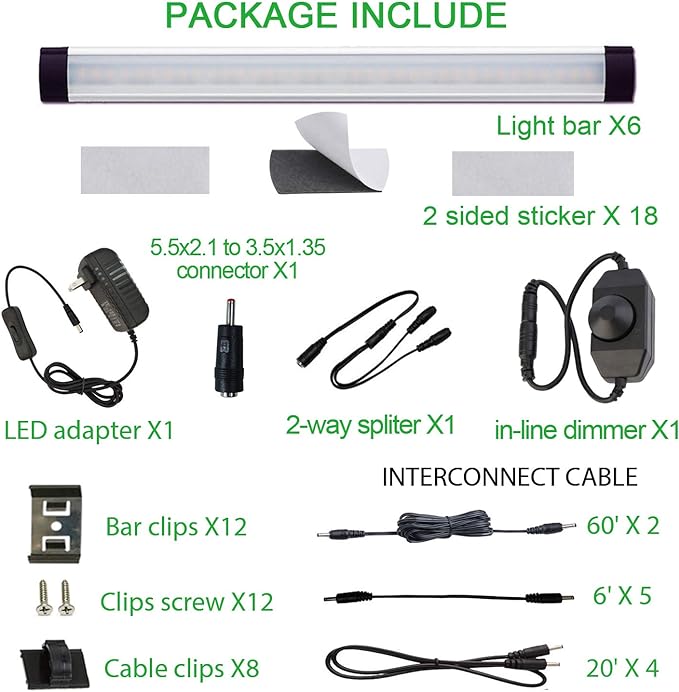 AIBOO LED Under Counter Light Rigid Bar Kit, Plug in Corded 12V LED Under Cabinet Lighting Dimmable with Switch for Counter Shelf Showcase Display Lighting (6 Panels,Daylight White) (Pack of 2)