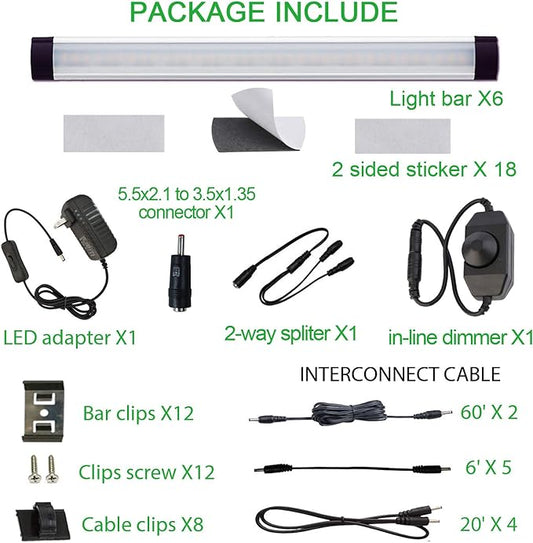AIBOO LED Under Counter Light Rigid Bar Kit, Plug in Corded 12V LED Under Cabinet Lighting Dimmable with Switch for Counter Shelf Showcase Display Lighting (6 Panels,Daylight White) (Pack of 2)
