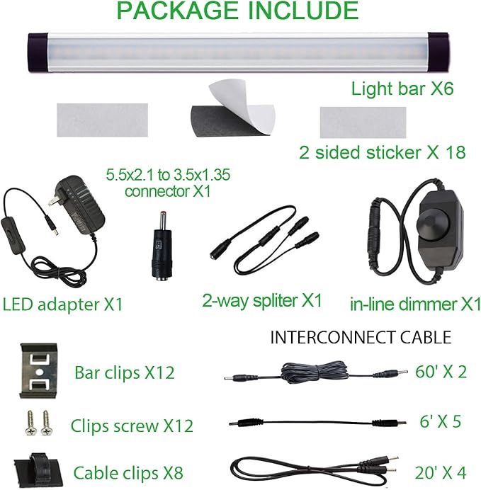 AIBOO LED Under Counter Light Rigid Bar Kit, Plug in Corded Under Cabinet Lighting with 12V LED Dimmable Switch for Counter Shelf Showcase Display Lighting (6 Panels,Warm White)