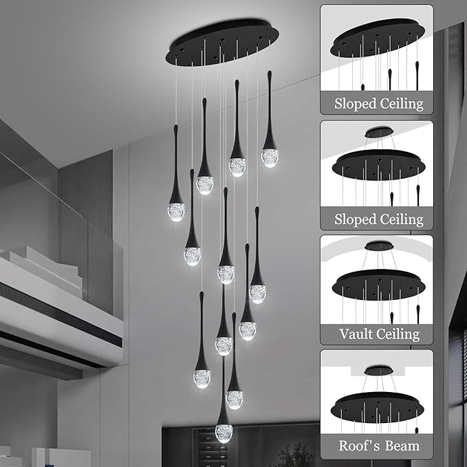 Modern Crystal Staircase Chandelier Black 12-Lights, H120'' Large High Ceiling Spiral Dimmable LED Raindrop Foyer Entryway Light Fixture Remote Control