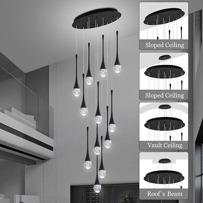 Modern Crystal Staircase Chandelier Black 12-Lights, H120'' Large High Ceiling Spiral Dimmable LED Raindrop Foyer Entryway Light Fixture Remote Control