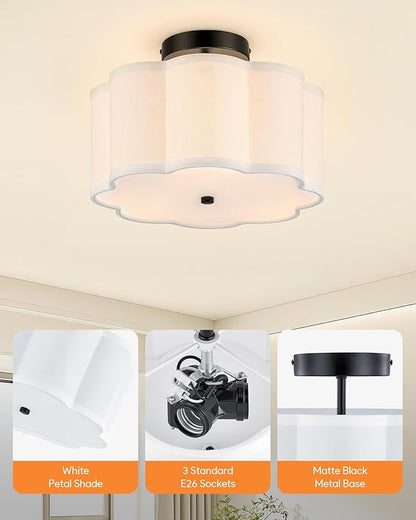 VONLUCE Semi-Flush Mount Ceiling Light, 12.6" Modern 3-Light Ceiling Light Fixture with White Petal-Shaped Shade 3 E26 Sockets for Bedroom Entryway Living Room, Black Finish, ETL Certificated