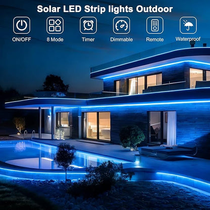 Upgrade Solar Led Strip Lights Outdoor, 20ft Solar Rope Lights Self-Adhesive Waterproof, 8 Mode with Remote Timer and Auto On/Off, Perfect for Deck, Patio, Poolside, Camping Decor, Blue