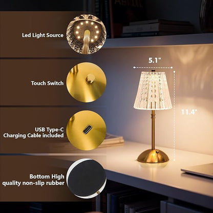 2 Pack Touch Cordless Table Lamp Rechargeable, 3600mAh Battery Operated Small Crystal Lamp, 3 Color Dimmable Vintage Gold Table Light for Bedroom/Kitchen/Gift for Home Décor (Vintage)