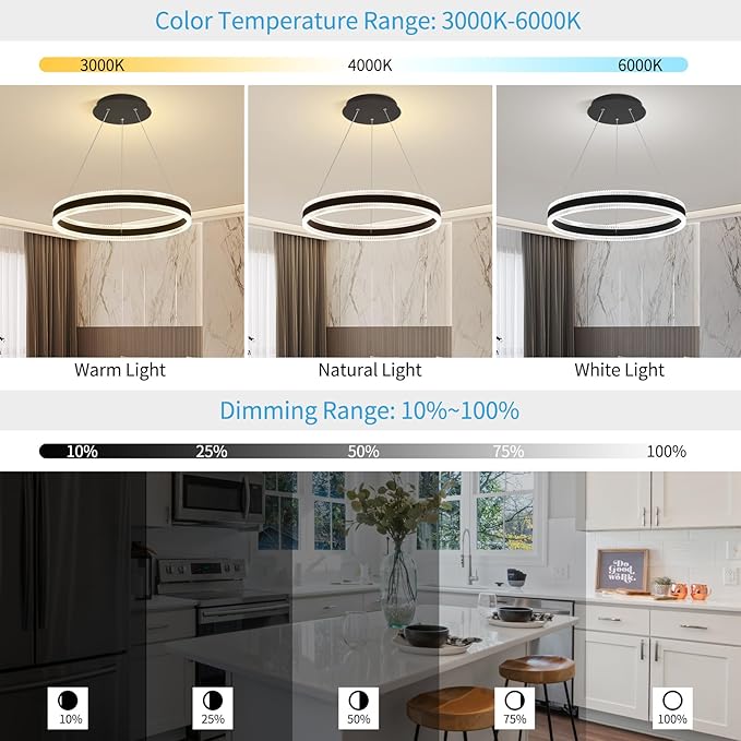 Modern LED Chandelier 1 Ring 19.7in Pendant Lighting for Kitchen Island 50W Dimmable LED Pendant Light Black Hanging Light Fixtures with Remote for Kitchen Dining Room Bedroom Living Room