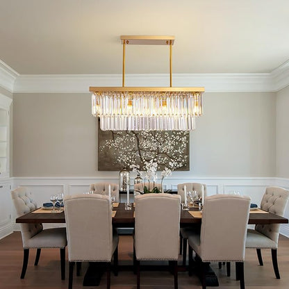 Siljoy Rectangular Gold Crystal Chandelier for Dining Room, 8-Light Modern K9 Crystal Raindrop Chandelier, Luxury Crystal Ceiling Light for Living Room Kitchen Island L31.5'' x W10'' x H10''