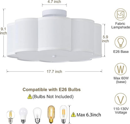 17.7" Semi Flush Mount Ceiling Light Fixture, 3-Light Modern Close to Ceiling Light with Fabric Flower-Shaped Shade, Light Fixtures Ceiling Mount for Bedroom Nursery(White)