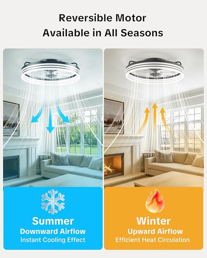 AIKVSXER Ceiling Fan with Light,20" Flush Mount Ceiling Fan,6 Speeds,3000-6500K Dimmable LED, App & Remote Control, Quiet DC Motor, for Bedroom, Living Room Modern Ceiling Fans with Lights(Black)