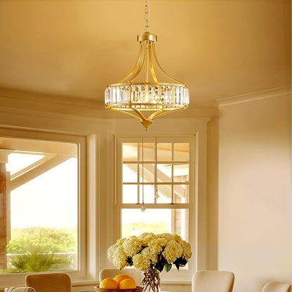 XINGQI 15.7" Modern Dining Room Chandelier Rustic Gold Crystal Lighting Fixture Pendant 4-Light with Round Metal Lampshade for Living Room Kitchen Hallway Bedroom Foyer