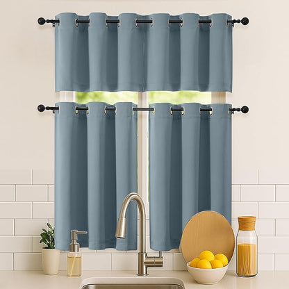 Simplebrand Stone Blue Window Valance for Kitchen 14 Inches Long 2 Panels Set, Room Darkening Valance Curtains for Living Room, Grommet Short Privacy Kitchen Curtains for Bedroom Kids Room, 40Wx14L