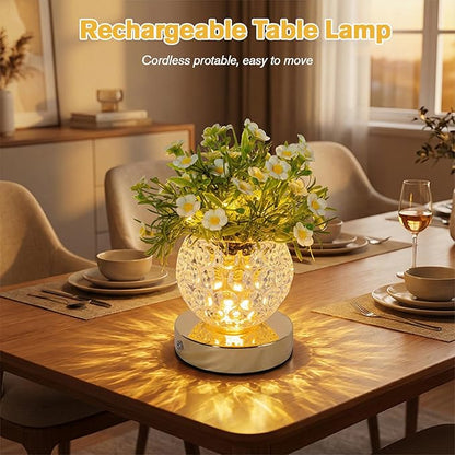 Flower Table Lamp, 3-Color Touch Dimming Heronsbill Glass Night Light, Rechargeable Artificial Flower Light, Desktop Ambient Light Romantic Gifts for Girls Women Mom (White-Heronsbill)
