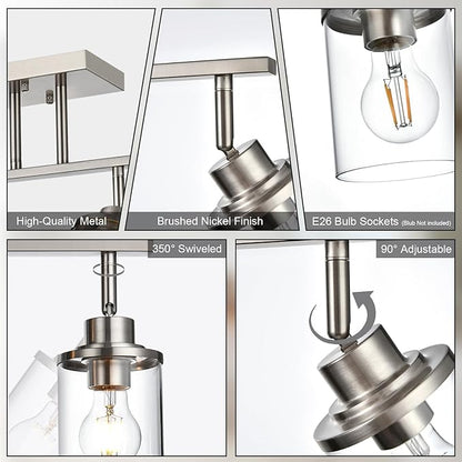 Yaohong 4-Light Track Lighting Kit Brushed Nickel Track Lighting Fixtures, Bathroom Wall Light Ceiling Mount Rotatable Spotlights, Kitchen Ceiling Light Fixtures with Glass Shade for Bathroom Hallway