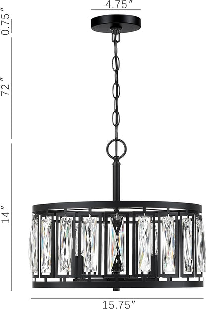 Modern Crystal Chandeliers, 4 Lights Matte Black Pendant Lighting Fixture for Dining Room Adjustable Hanging Ceiling Light for Kitchen Island