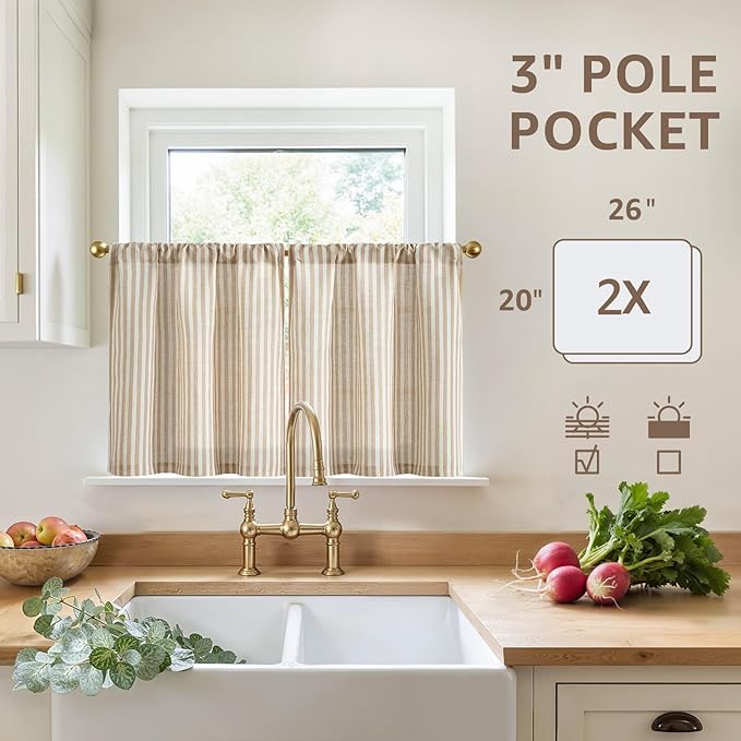 jinchan Striped Linen Kitchen Curtains 20 Inches Length Tier Curtains Farmhouse Modern Cafe Style Small Window Treatments Airy Light Filtering Rod Pocket for Living Room Bathroom 2 Panels Tan