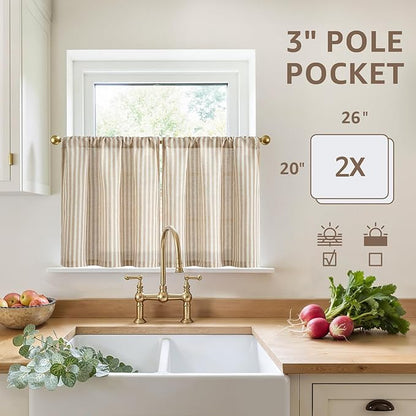 jinchan Striped Linen Kitchen Curtains 20 Inches Length Tier Curtains Farmhouse Modern Cafe Style Small Window Treatments Airy Light Filtering Rod Pocket for Living Room Bathroom 2 Panels Tan