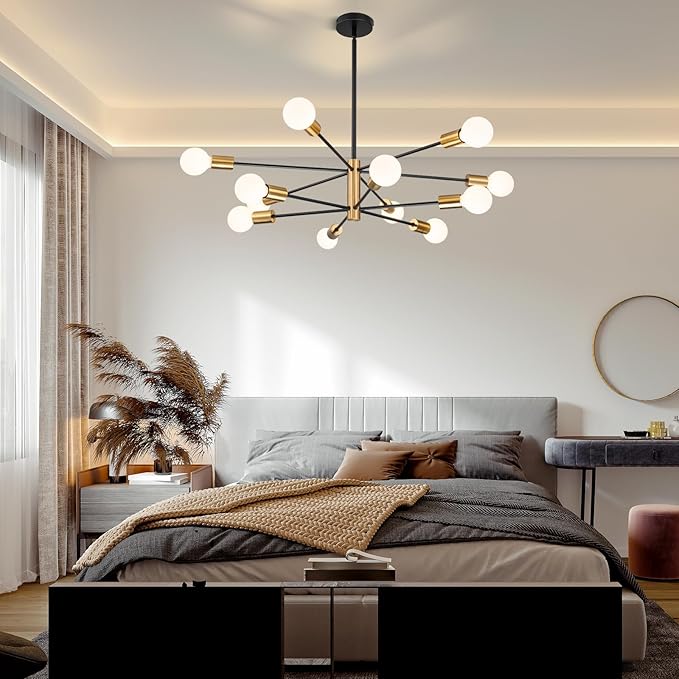 SINERISE Modern Sputnik Chandelier Light Fixture, 12-Light Chandelier Ceiling Light Fixture Black and Gold Mid Century Chandelier Height Adjustable for Kitchen, Living Room, Bedroom, Hallway and Foyer