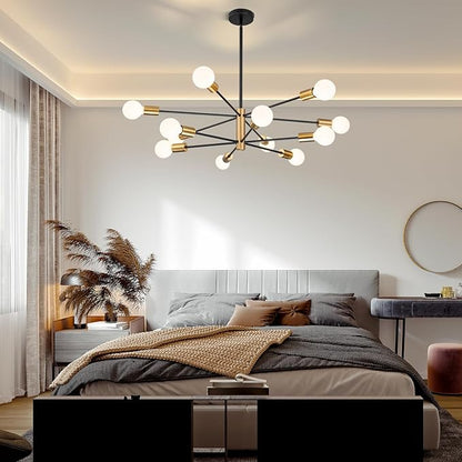 SINERISE Modern Sputnik Chandelier Light Fixture, 12-Light Chandelier Ceiling Light Fixture Black and Gold Mid Century Chandelier Height Adjustable for Kitchen, Living Room, Bedroom, Hallway and Foyer