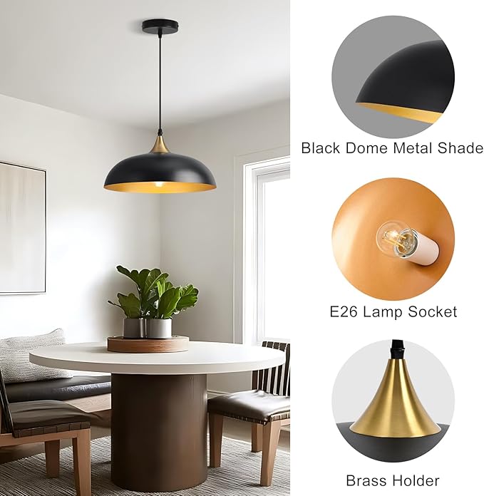 13.8" Large Pendant Light Fixtures, Dome Black and Gold Pendant Lights,Adjustable Pendant Lamps for Dining Room,Kitchen Island