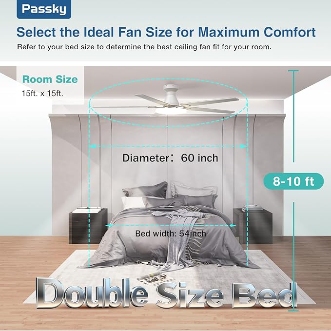 Passky Ceiling Fans with Lights, 60 inch Flush Mount Ceiling fan with Remote Control, Low Profile Ceiling Fan for Bedroom, Farmhouse, Reversible, 3CCT, Dimmable, Noiseless DC Motor, White