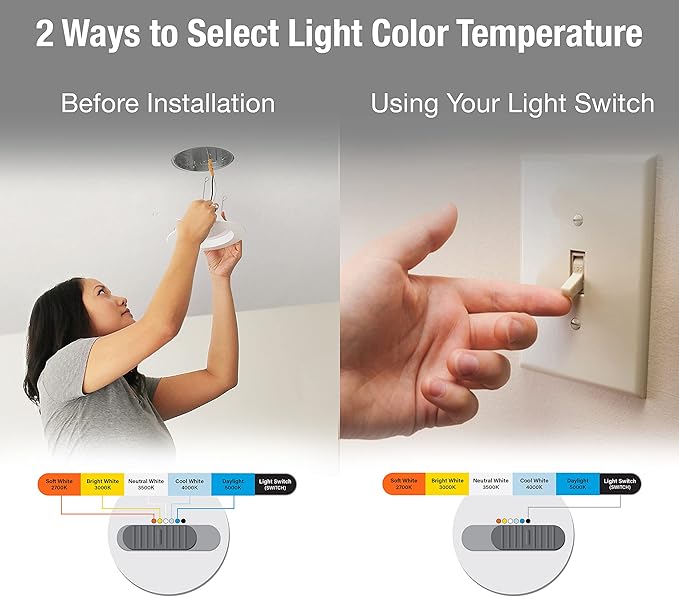 Feit Electric 5-6 inch LED Directional Recessed Downlight, 9.4W (75W Equivalent), 2700K–5000K Selectable Colors, Dimmable, 850 Lumen, 50,000-Hour Lifetime, LEDR56SCP/6WYCA
