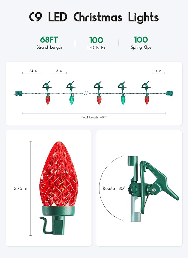 C9 LED Christmas Lights Outdoor, 68 Feet 100 LED Strawberry String Lights With 100 Spring Clamps, Waterproof Commercial Grade Extendable for Outside Roofline Patio Home Xmas Decoration, Red & Green