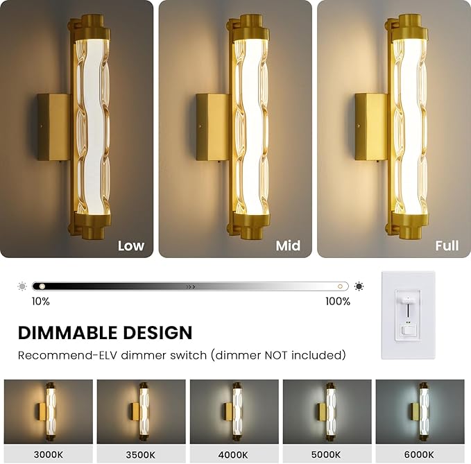 15.4" Gold Wall Sconces Set of 2, Modern Bathroom Sconces Wall Lighting with Ripple Glass Shade, 5CCT Dimmable LED Vanity Light 14W for Mirror, Bedroom, Hallway, Entryway