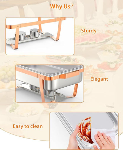 2 Pack Chafing Dishes for Buffet, Stainless Steel Catering Chafer with Lids, Pans & Fuel Holder, 8QT Food Warmers for Parties Buffet, Buffet Servers and Warmers for Parties, Events, Weddings,Rose Gold