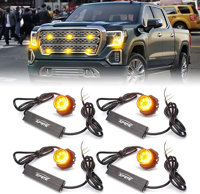 Xprite Hideaway Strobe Lights Amber LED Strobe Light Kit with 14 Flash Patterns Grill Strobe Lights for Trucks Surface Mount Headlight Taillight Emergency Warning for Work and Tow Vehicles - 4PCS