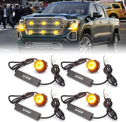 Xprite Hideaway Strobe Lights Amber LED Strobe Light Kit with 14 Flash Patterns Grill Strobe Lights for Trucks Surface Mount Headlight Taillight Emergency Warning for Work and Tow Vehicles - 4PCS
