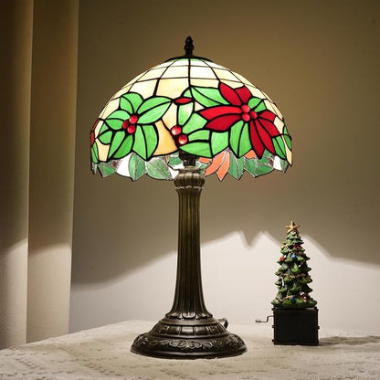Tiffany Lamp Stained Glass Table Lamp 12 Inch Green Red Christmas Flower Warm Color Reading Lamp Suitable Shops Dormitories Home And Office Decoration Tiffany Style Retro Holiday Home Decoration Gift