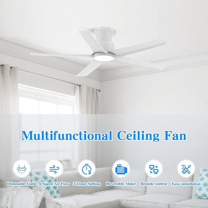 ocioc 44 Inch Ceiling Fans with Lights, Large Air Volume Ceiling Fan with Nightlight, Ultra Quiet Reversible DC Motor with Remote（White）