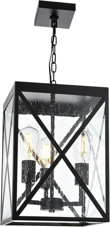 TODOLUZ Large Outdoor Pendant Light, Black Exterior Ceiling Porch Light with Seeded Glass Panel, Outdoor Chandelier Hanging Lantern for Garage Entryway Patio Front Door
