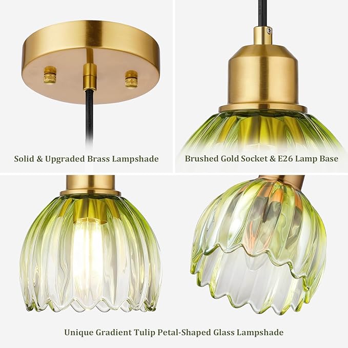 TALOYA Pendant Light 3 Pack with Green Tulip Glass Lmapshade, Brass Vintage Pendant Light Adjustable Hanging Light for Kitchen Island Bedroom Dining Room Hallway& Bar