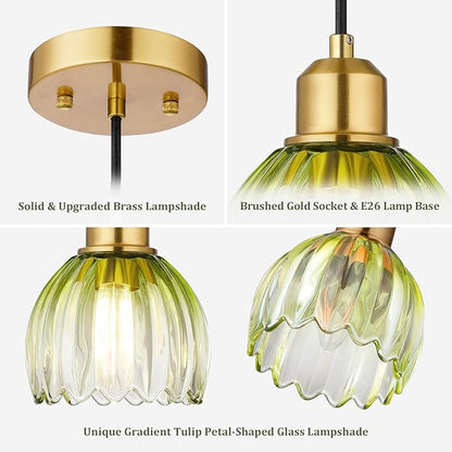 TALOYA Pendant Light 3 Pack with Green Tulip Glass Lmapshade, Brass Vintage Pendant Light Adjustable Hanging Light for Kitchen Island Bedroom Dining Room Hallway& Bar