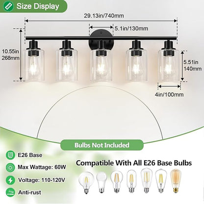 Zarbitta 5-Light Bathroom Light Fixtures, Black Modern Vanity Lights with Clear Glass Shade, Bathroom Wall Lamp for Mirror Kitchen Living Room Hallway Cabinet Porch