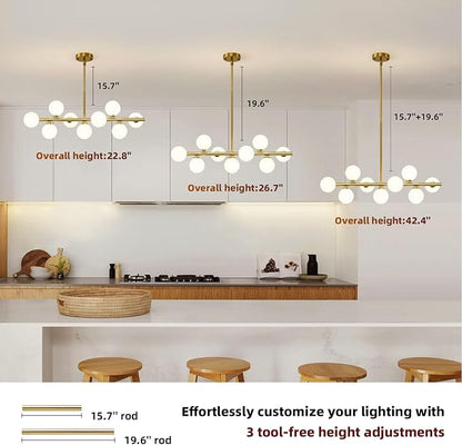 Mid Century Modern Sputnik Chandeliers: 9-Light Linear Brass Gold Dining Room Light Fixture - 40" Long Milk White Glass Globe Modern Pendant Chandelier Lighting for Living Room Kitchen Island Table