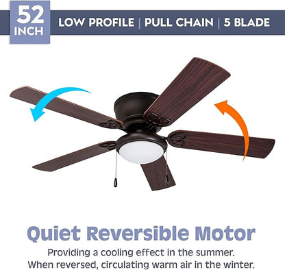 Prominence Home Benton Traditional 52 Inch Ceiling Fan with Light, LED Flush Mount Ceiling Fan, Indoor Fan with 5 Blades, Brown Walnut and Brown Maple Blade Finish Options, Bronze (51429-01)