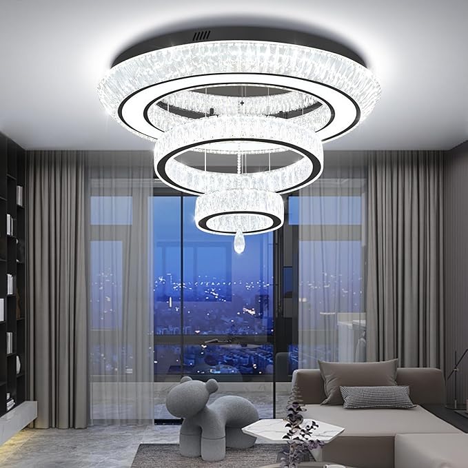 Modern 3 Ring Chandelier for Living Room Luxury 3-Tier Crystal Chandelier Dining 40in Black LED Dimmable Crystal Raindrop Chandeliers Lighting