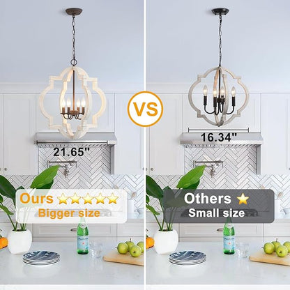 22" Oak Distressed White Chandeliers for Dining Room Farmhouse Wood Pendant Lights Kitchen Island 4-Light Orb Lantern Cage Ceiling Hanging Light Over Table for Entryway Foyer Living Room Bedroom